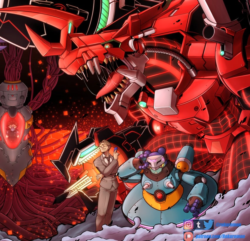 chaosdramon, hoverespimon, analogman, and chaosdramon x-antibody (digimon) drawn by rokuromon