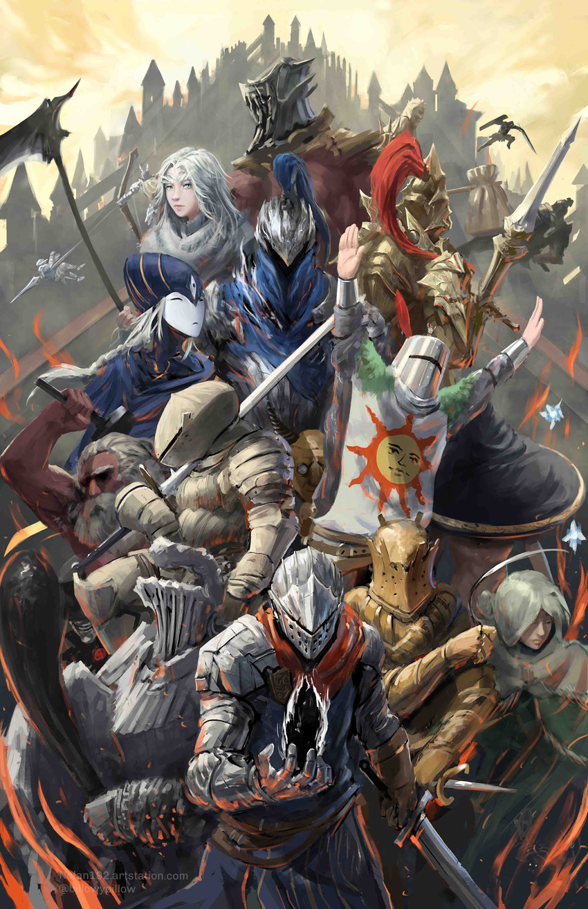 dark sun gwyndolin, artorias the abysswalker, priscilla the crossbreed, chosen undead, solaire of astora, and 15 more (dark souls and 1 more) drawn by nolan192