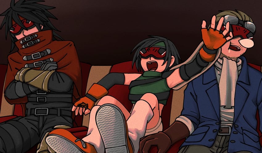 yuffie kisaragi, vincent valentine, and cid highwind (final fantasy and 3 more) drawn by s_m_man
