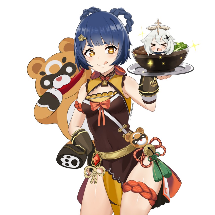 paimon, xiangling, and guoba (genshin impact) drawn by hh_101