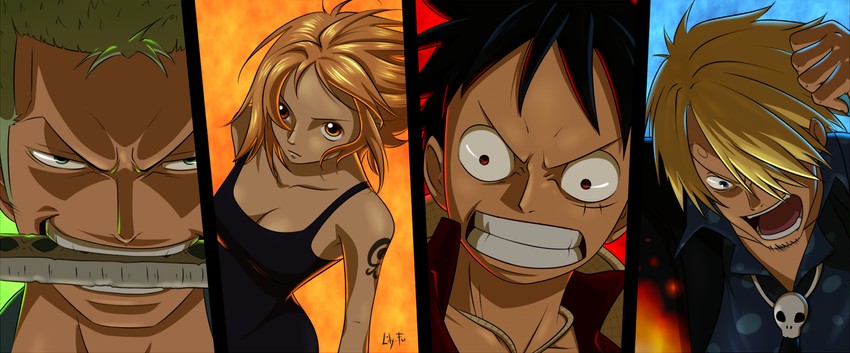 nami, monkey d. luffy, roronoa zoro, and sanji (one piece) drawn by lily-fu