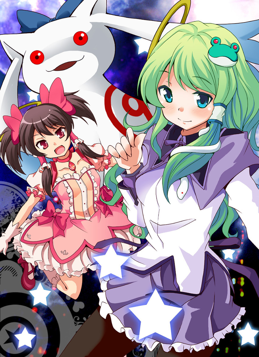 hakurei reimu, kochiya sanae, cirno, akemi homura, kaname madoka, and 1 more (touhou and 1 more) drawn by saipin