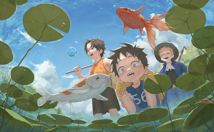 monkey d. luffy, portgas d. ace, and sabo (one piece) drawn by tsumoos