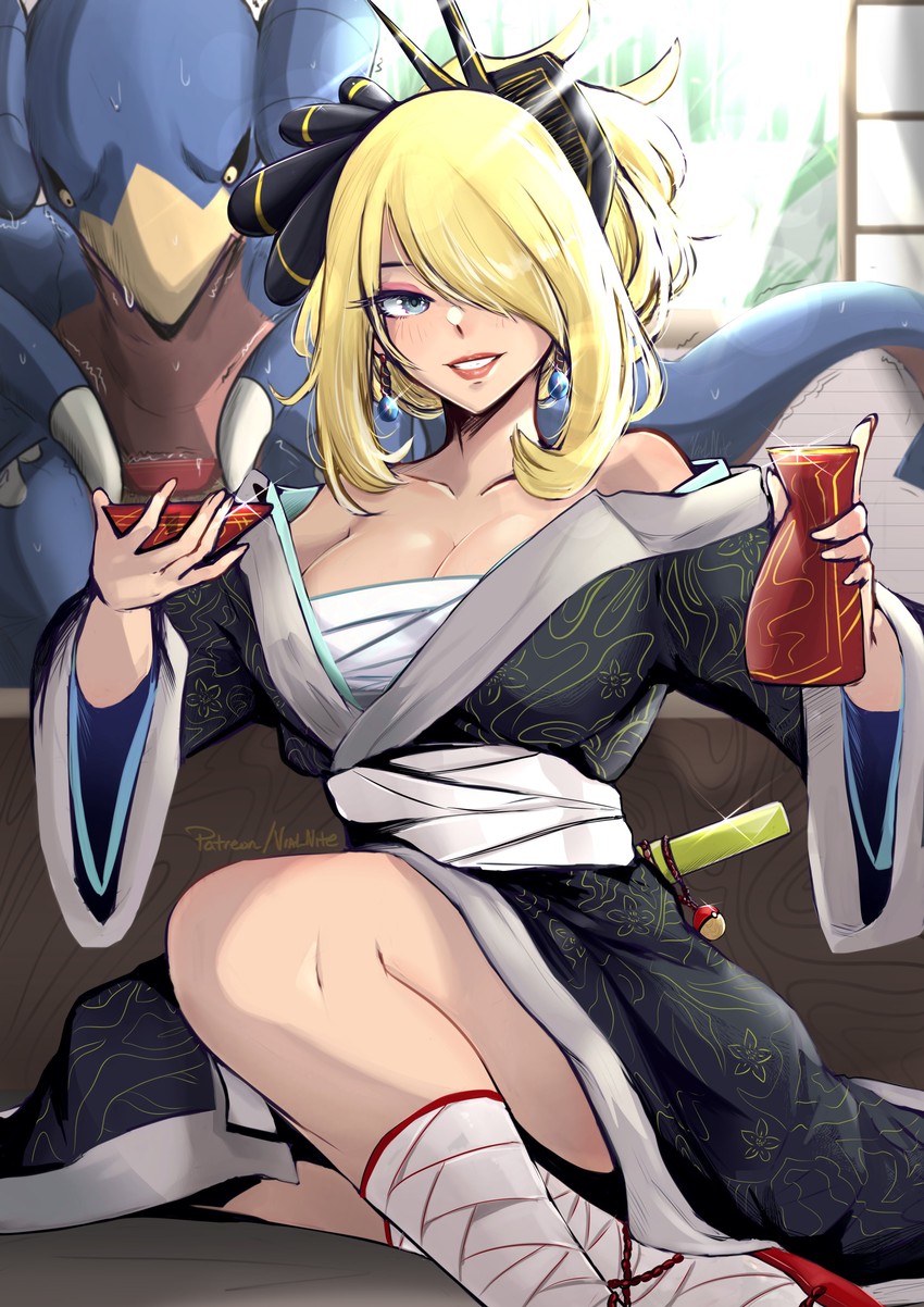 cynthia and garchomp (pokemon and 2 more) drawn by vialnite
