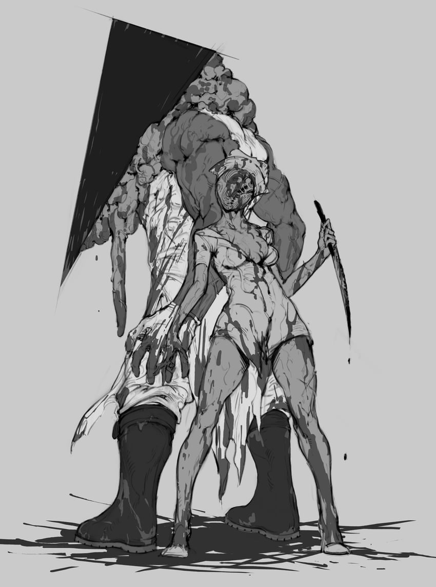 pyramid head and bubble head nurse (silent hill and 1 more) drawn by nachioboy