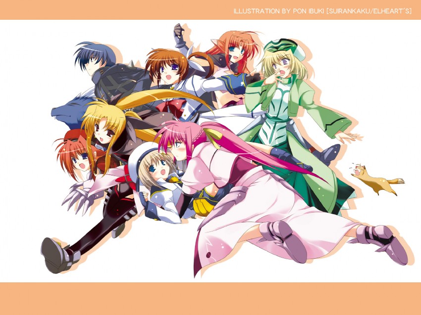 fate testarossa, takamachi nanoha, yagami hayate, vita, signum, and 5 more (lyrical nanoha and 2 more) drawn by ibuki_pon