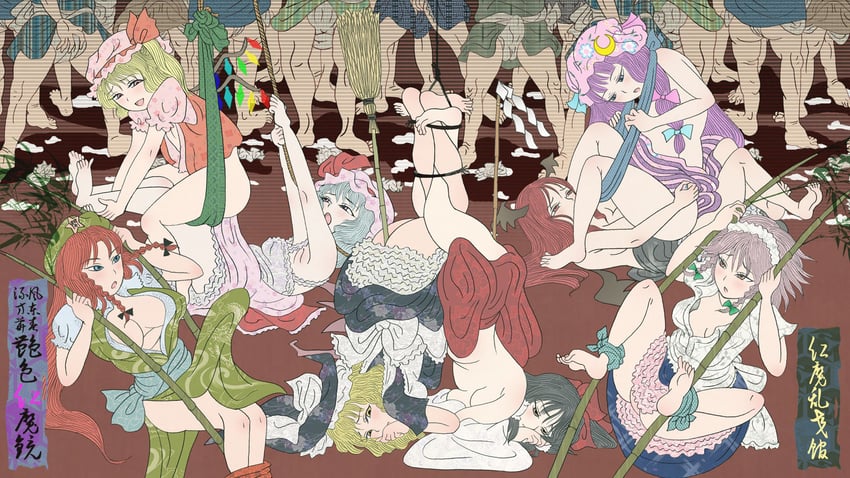 hakurei reimu, kirisame marisa, remilia scarlet, flandre scarlet, izayoi sakuya, and 3 more (touhou) drawn by cloritin