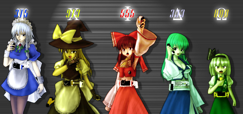 hakurei reimu, kirisame marisa, izayoi sakuya, kochiya sanae, konpaku youmu, and 6 more (touhou and 2 more) drawn by kamishima_kanon