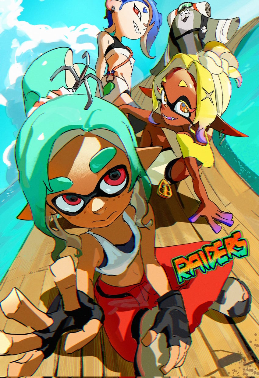 inkling player character, inkling girl, shiver, frye, big man, and 1 more (splatoon and 1 more) drawn by cre_sendopedal