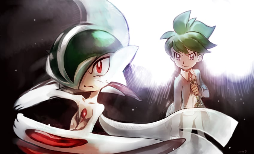 gallade, wally, and mega gallade (pokemon and 1 more) drawn by mari_mokomo