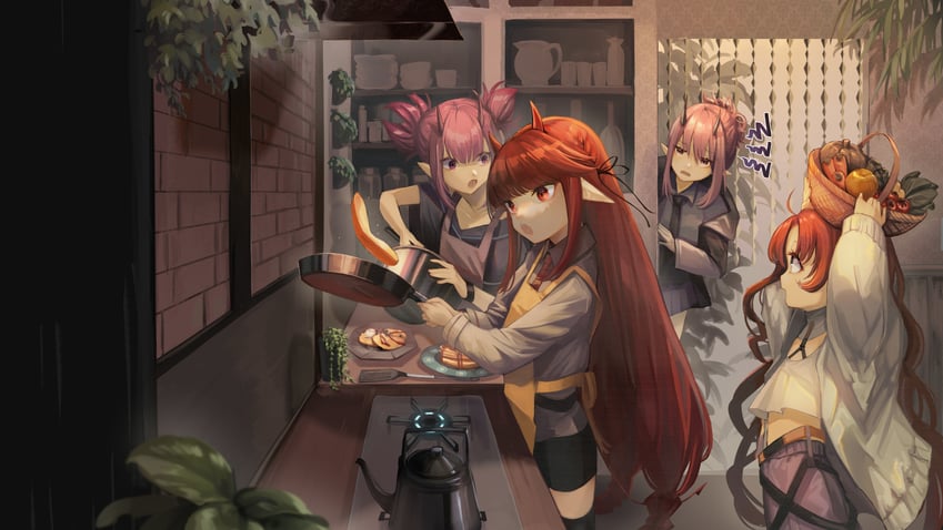 myrtle, vigna, lava, and hibiscus (arknights) drawn by hemorina
