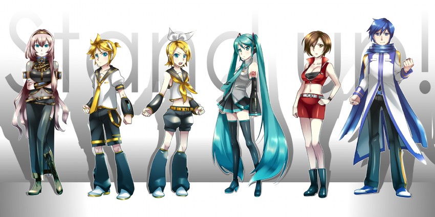 hatsune miku, kagamine rin, kagamine len, megurine luka, kaito, and 1 more (vocaloid) drawn by caffein