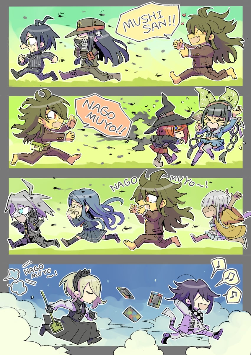 oma kokichi, saihara shuichi, yumeno himiko, yonaga angie, k1-b0, and 5 more (danganronpa and 1 more) drawn by kumakoro_(tetsupag)