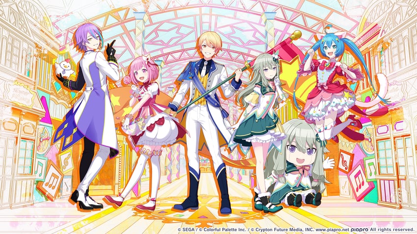 hatsune miku, ootori emu, tenma tsukasa, kusanagi nene, kamishiro rui, and 2 more (vocaloid and 1 more) drawn by colorful_palette