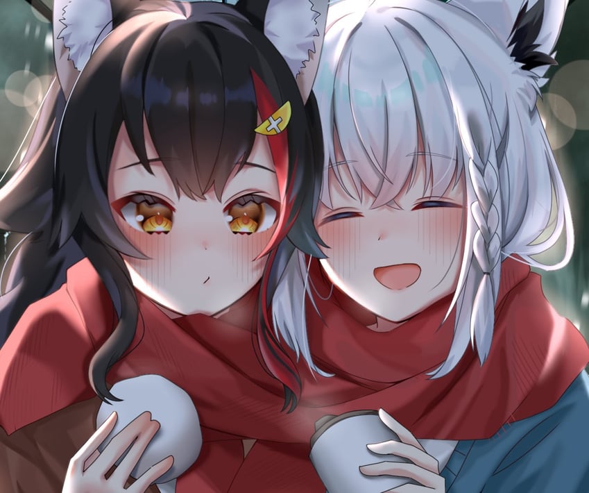 shirakami fubuki and ookami mio (hololive) drawn by umi_budou0728