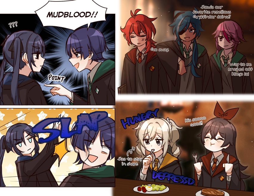scaramouche, mona, barbara, diluc, amber, and 2 more (genshin impact and 2 more) drawn by zhacaitan
