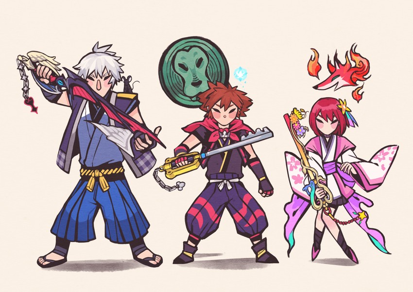 sora, kairi, riku, axel, donald duck, and 1 more (kingdom hearts and 2 more) drawn by soursoppi