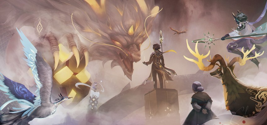 ganyu, zhongli, xiao, xianyun, rex lapis, and 4 more (genshin impact) drawn by anri_(anriplu)