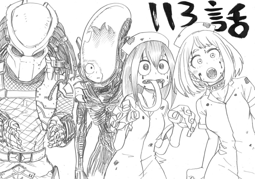 midoriya izuku, uraraka ochaco, asui tsuyu, iida tenya, xenomorph, and 1 more (boku no hero academia and 2 more) drawn by horikoshi_kouhei