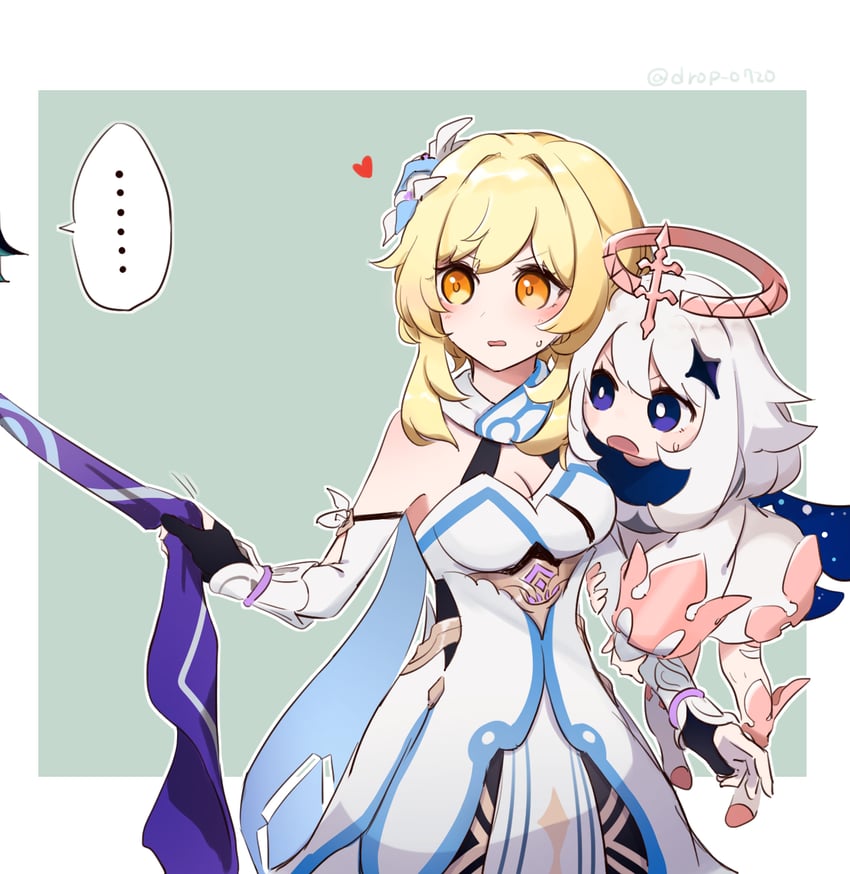 lumine, paimon, and xiao (genshin impact) drawn by drop_0720