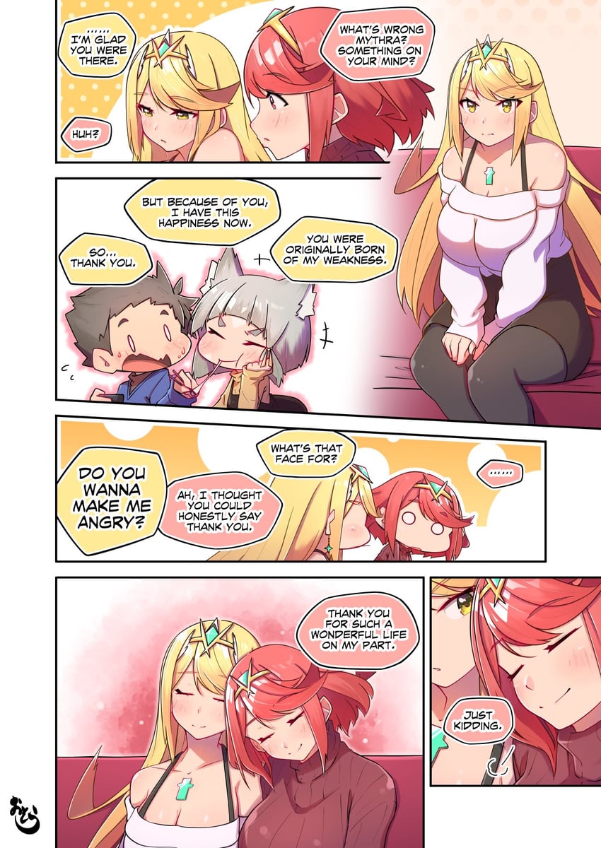 pyra, mythra, nia, and rex (xenoblade chronicles and 1 more) drawn by osora_(judithandlilith)