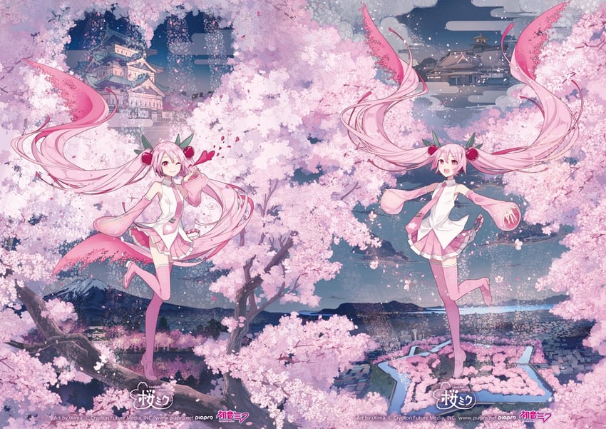 hatsune miku and sakura miku (vocaloid and 1 more) drawn by ixima