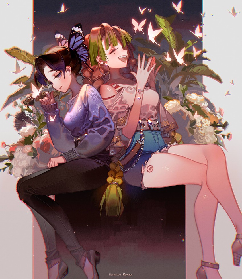 kochou shinobu and kanroji mitsuri (kimetsu no yaiba) drawn by kawacy