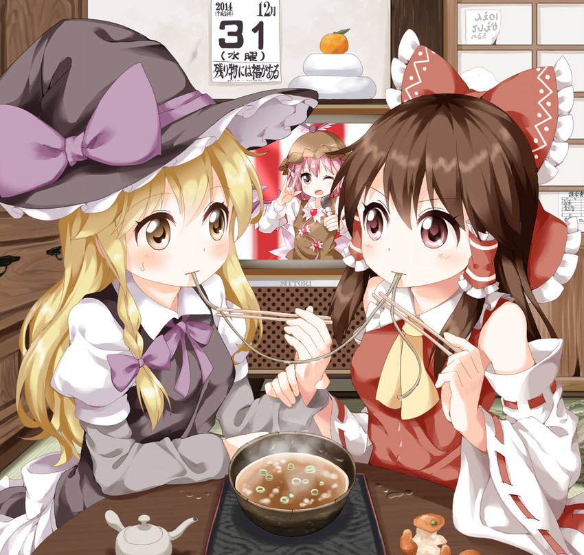 hakurei reimu, kirisame marisa, and mystia lorelei (touhou) drawn by ruu_(tksymkw)