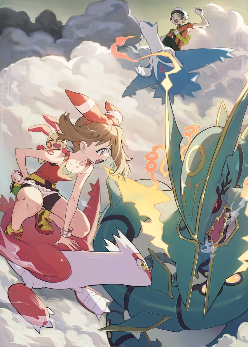 may, brendan, latias, latios, rayquaza, and 1 more (pokemon and 1 more) drawn by chamchamshia