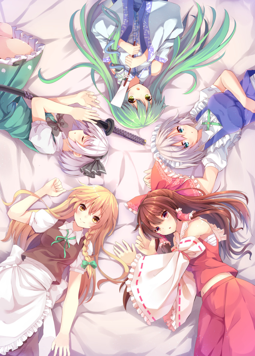 hakurei reimu, kirisame marisa, izayoi sakuya, kochiya sanae, and konpaku youmu (touhou) drawn by hopepe