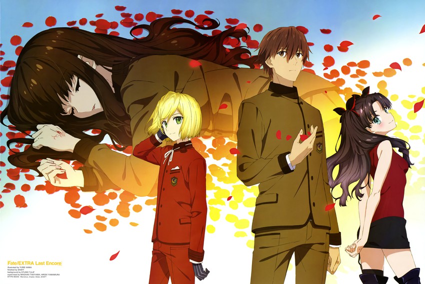 kishinami hakuno, tohsaka rin, and leonard bistario harway (fate and 3 more) drawn by danemaru, takiyama_masaaki, and yamamura_hiroki