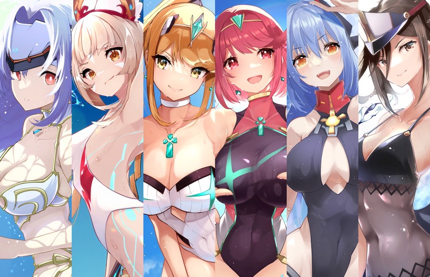 nia, kos-mos, pyra, mythra, poppi, and 3 more (xenoblade chronicles and 2 more) drawn by risumi_(taka-fallcherryblossom)