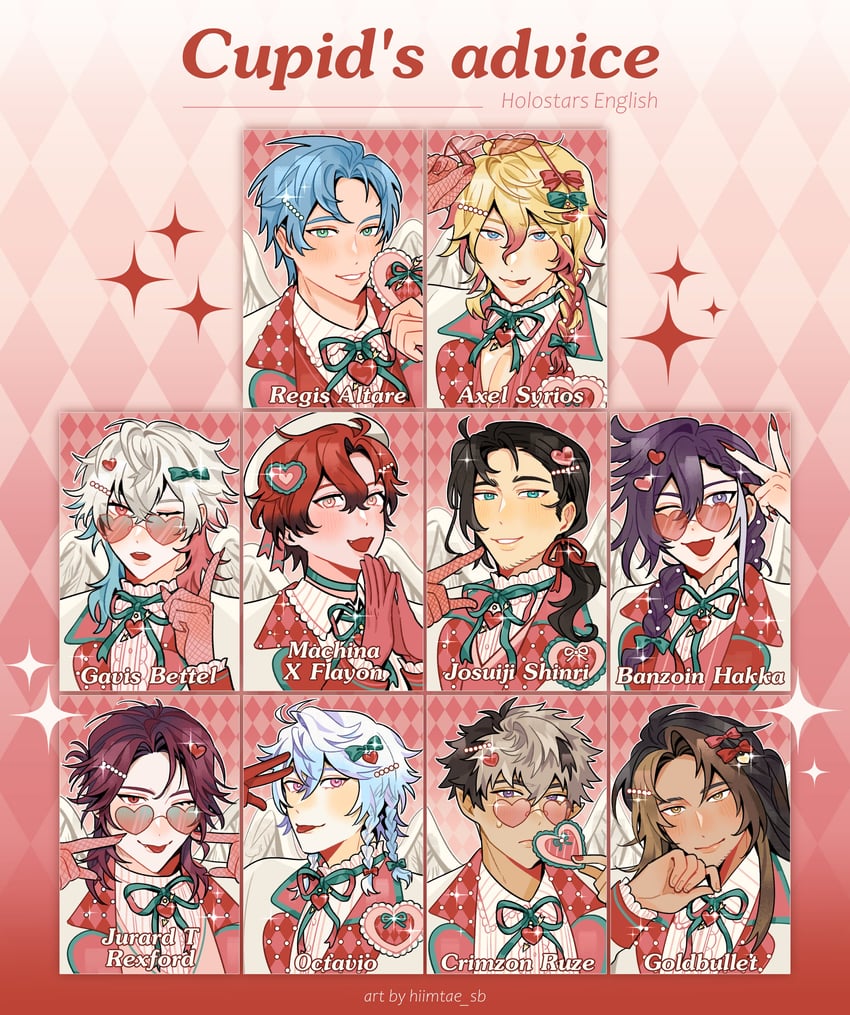 gavis bettel, machina x flayon, regis altare, axel syrios, banzoin hakka, and 5 more (holostars and 1 more) drawn by hiimtae_sb