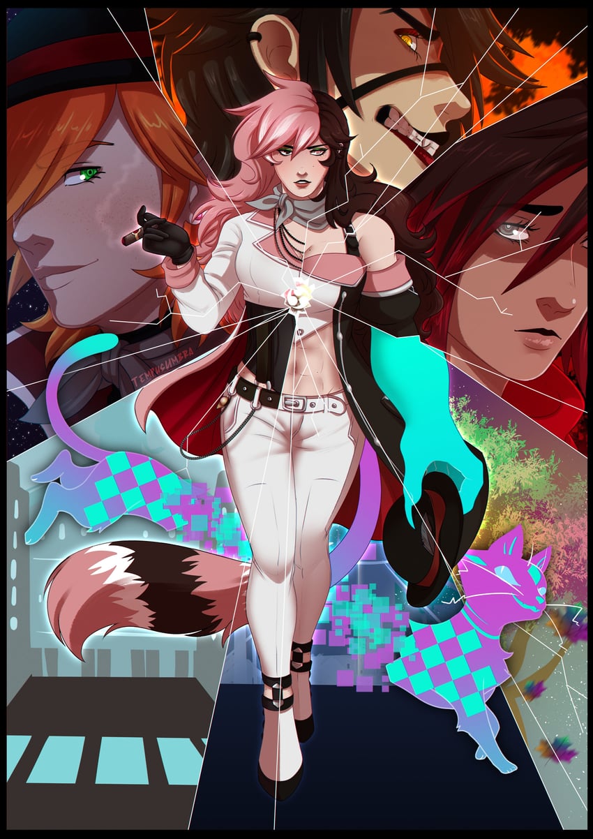 ruby rose, neopolitan, cinder fall, roman torchwick, and curious cat (rwby and 1 more) drawn by tempusumbra