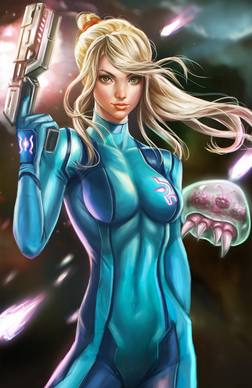 samus aran, metroid, and metroid larva (metroid) drawn by chris_kim_art