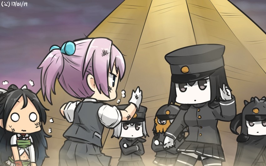 shiranui, akitsu maru, katsuragi, akitsu maru kai, raoh, and 2 more (kantai collection and 1 more) drawn by hamu_koutarou