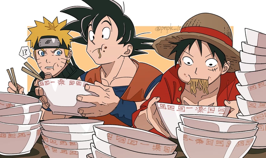 son goku, monkey d. luffy, and uzumaki naruto (one piece and 3 more) drawn by pnpk_1013