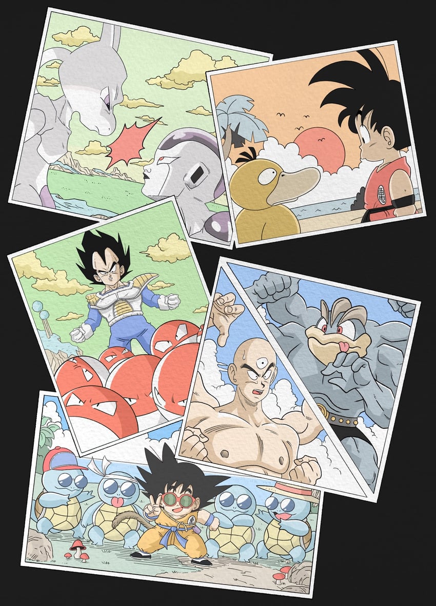 son goku, vegeta, squirtle, mewtwo, psyduck, and 6 more (pokemon and 2 more) drawn by wesatinthecar