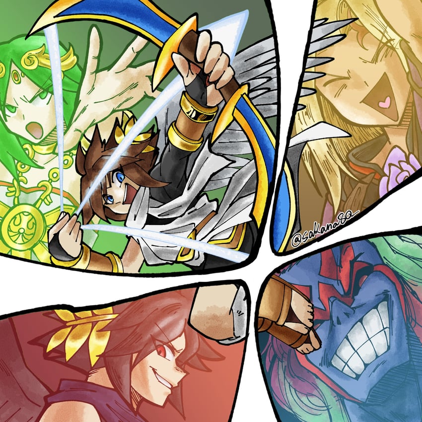 palutena, pit, dark pit, viridi, and hades (kid icarus and 1 more) drawn by majinkomori