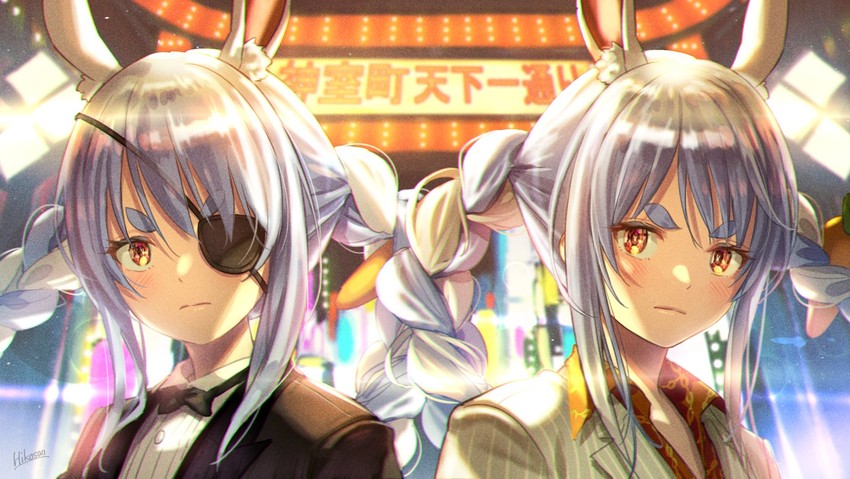 usada pekora, kiryu kazuma, and majima goro (hololive and 2 more) drawn by hikosan