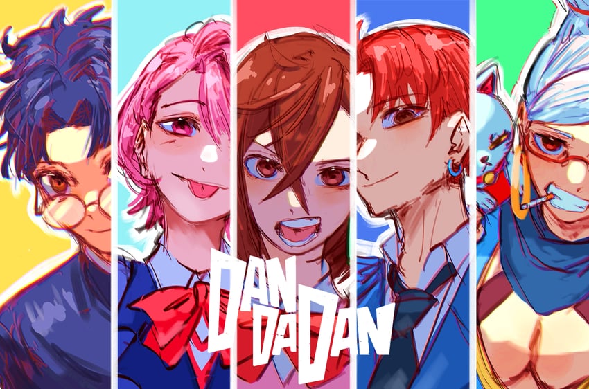ayase momo, takakura ken, ayase seiko, shiratori aira, and enjoji jin (dandadan) drawn by baku_mbu