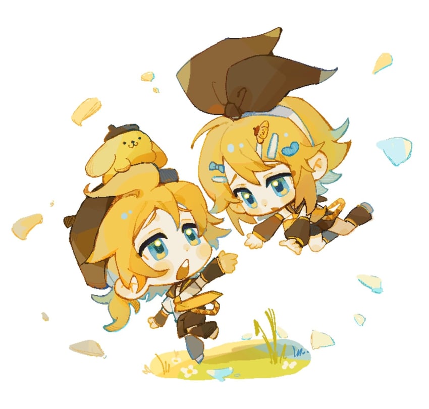 kagamine rin, kagamine len, and pompompurin (vocaloid and 1 more) drawn by suuroku