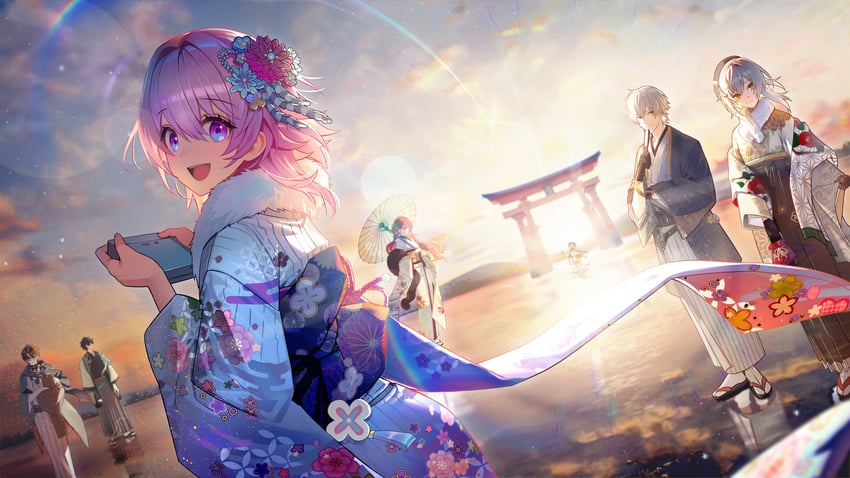 trailblazer, stelle, march 7th, caelus, dan heng, and 3 more (honkai and 1 more) drawn by honnou_(kjs9504)