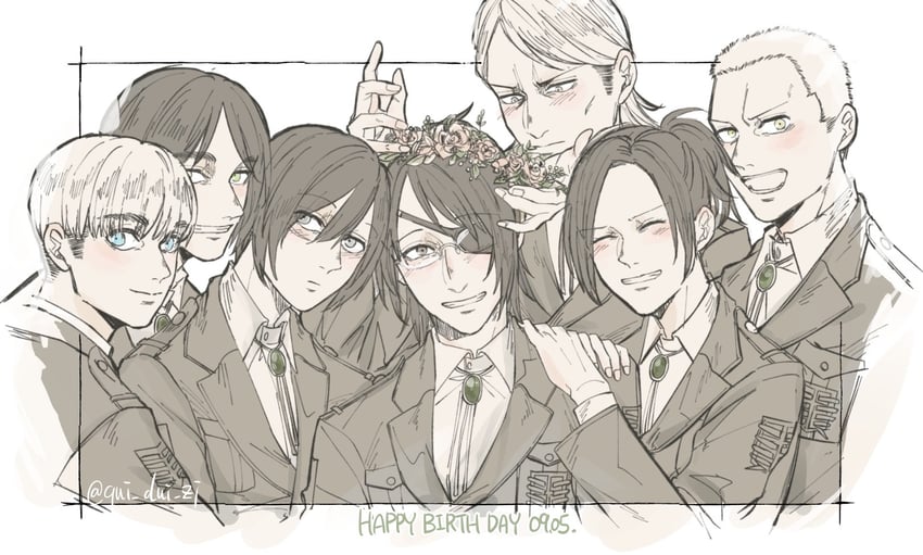 mikasa ackerman, eren yeager, armin arlert, hange zoe, sasha blouse, and 2 more (shingeki no kyojin) drawn by qui_dui_zi
