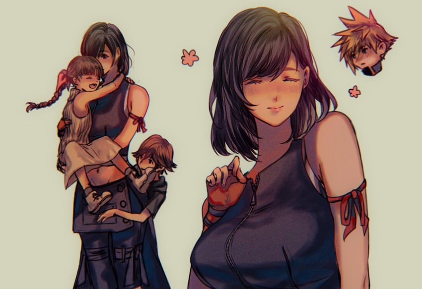 tifa lockhart, cloud strife, marlene wallace, and denzel (final fantasy and 2 more) drawn by sera_(serappi)