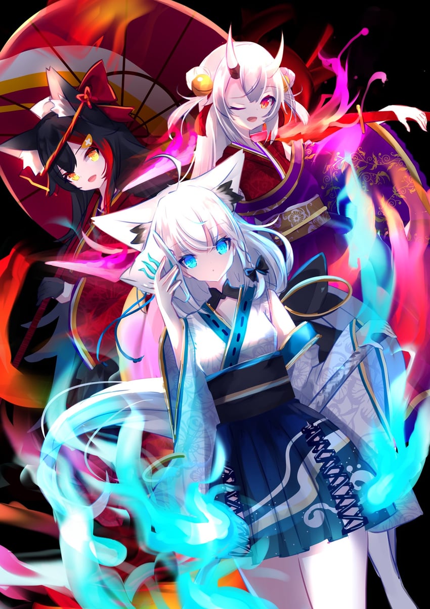 shirakami fubuki, ookami mio, and nakiri ayame (hololive) drawn by michitose_gusa