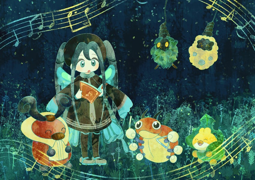 hatsune miku, sewaddle, bug miku, kricketune, kricketot, and 1 more (pokemon and 2 more) drawn by baemusae