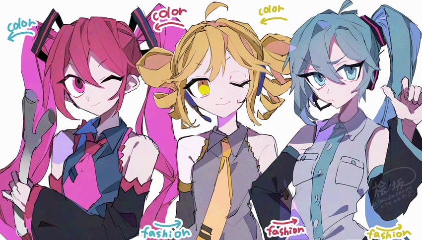 hatsune miku, kasane teto, and akita neru (vocaloid and 1 more) drawn by hinoki_(yesfish1117)