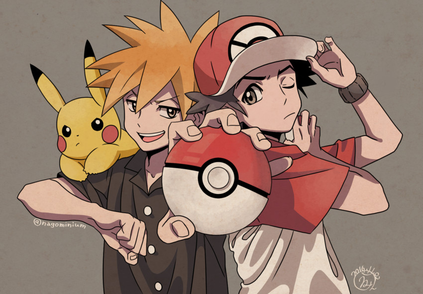 pikachu, red, and blue oak (pokemon and 1 more) drawn by namigon