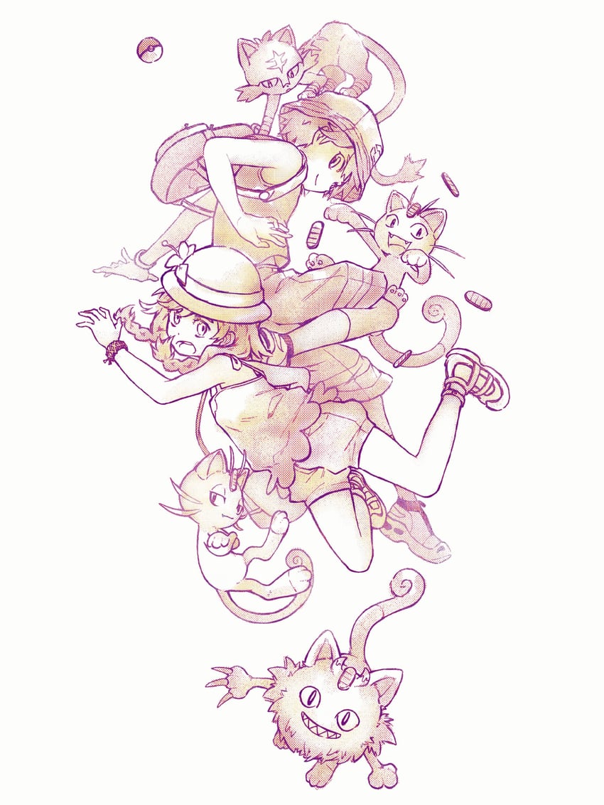 selene, elio, litten, alolan meowth, and galarian meowth (pokemon and 1 more) drawn by tan_carbonnn